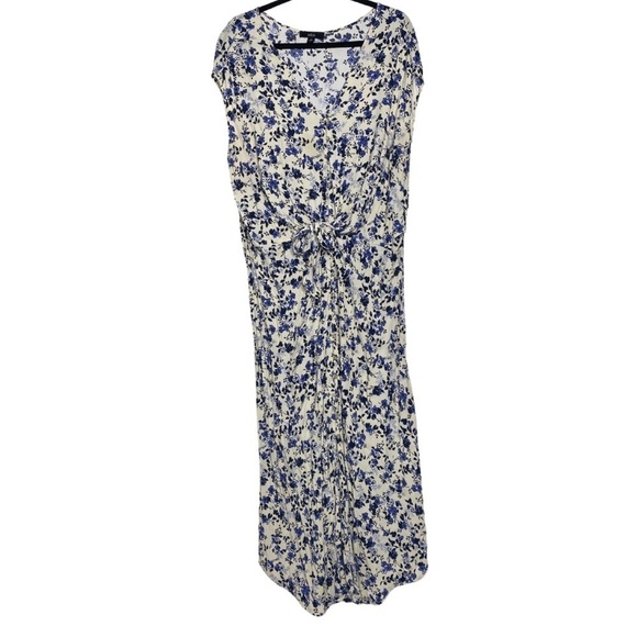 Ellos Plus Size Floral Tie Front Maxi Dress Yellow Blue Rayon Cap Sleeves Sz 20W - Picture 2 of 10